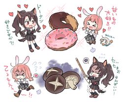  &gt;_&lt; 3girls :x afterimage ahoge akikaze_rui animal_ears aoba_moca bang_dream! black_hair black_legwear black_serafuku black_shirt black_skirt brown_eyes brown_footwear cat_ears chibi commentary_request crossover crying dog_ears dog_tail doughnut flying_sweatdrops food grey_hair grey_skirt heart holding holding_sword holding_weapon kemonomimi_mode kneehighs long_hair long_sleeves low_twintails multiple_girls mushroom plaid plaid_skirt pleated_skirt ponytail rabbit_ears rabbit_tail re_ghotion rinmeikan_girls_school_uniform school_uniform serafuku shaded_face shinai shirt shoes short_hair shoujo_kageki_revue_starlight shoujo_kageki_revue_starlight_-re_live- sidelocks skirt socks sparkle spoken_no_symbol sword tail tail_wagging trait_connection translated twintails uehara_himari weapon white_shirt 