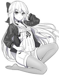  arm_behind_head arm_up bow braid breasts closed_mouth collarbone commentary_request female full_body greyscale hair_between_eyes hairbow jacket long_hair long_sleeves looking_at_viewer monochrome no_shoes open_clothes open_jacket original pantyhose pantyhose_under_shorts ririko_(zhuoyandesailaer) saegusa_riko see-through shirt short_shorts shorts simple_background small_breasts solo very_long_hair white_background 