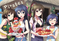  1boy 5girls :d ^_^ ahoge bad_id bad_pixiv_id beach_house bikini bikini_top_only bikini_under_clothes black_hair blue_hair blush breasts brown_hair cherry_tomato chibi cleavage closed_eyes fish flower food green_eyes happy hayase_misato hayase_miyuki hibiscus in_food lolicon long_hair medium_breasts mini_person miniboy minigirl multiple_girls navel one_eye_closed open_clothes open_mouth open_shirt oryo_(oryo04) parfait photoshop_(medium) plate ponytail red_eyes ribbon sakai_shizuna short_hair short_ponytail side_ponytail smile sweets swimsuit tomato trif wafer_stick wrist_ribbon 