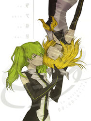  2girls aihara_kaya bad_id bad_pixiv_id blonde_hair closed_eyes dress elbow_gloves gloves green_eyes green_hair hair_ribbon hatsune_miku hatsune_miku_(roshin_yuukai/nitamagomix) kagamine_rin long_hair multiple_girls ribbon roshin_yuukai_(vocaloid) sailor_dress simple_background twintails vocaloid 