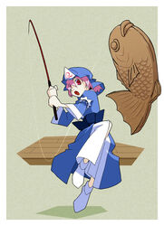  commentary_request female fish fishing fishing_rod food hat holding holding_fishing_rod kansuke_(bubuduke) photoshop_(medium) pink_hair red_eyes saigyouji_yuyuko short_hair socks solo taiyaki touhou wagashi 