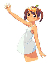  arm_up bad_id bad_pixiv_id blush blush_stickers brown_eyes brown_hair cropped_legs female konatsu-chan lolicon nhk_(broadcaster) om_(nk2007) outstretched_arm photoshop_(medium) see-through see-through_silhouette short_twintails simple_background smile solo tan tanlines twintails waving white_background 