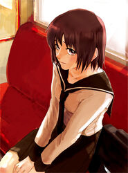  aturou0129 bad_id bad_pixiv_id bag brown_eyes female from_above hiiragi_aika looking_up mx0 necktie red_hair school_bag school_uniform serafuku short_hair sitting solo train_interior 