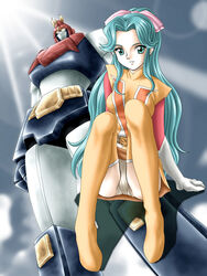  aqua_eyes aqua_hair bad_id bad_pixiv_id boots choudenji_machine_voltes_v female gloves hair_ribbon long_hair mecha oka_megumi panties pantyshot ponytail ribbon robot sitting sunlight thigh_boots thighhighs underwear voltes_v_(mecha) white_panties zummy 