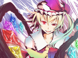  ascot blonde_hair buttons collarbone collared_shirt commentary_request female flandre_scarlet frilled_shirt_collar frills hair_between_eyes hat koumei_(harmonizer) mob_cap one_side_up open_mouth photoshop_(medium) red_eyes red_vest shirt short_hair short_hair_with_long_locks solo teeth touhou upper_body vest white_hat wings yellow_ascot 