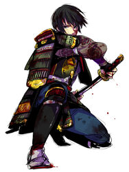  1boy armor axis_powers_hetalia bad_id bad_pixiv_id black_hair blood crest family_crest grey_eyes holding holding_sheath japan_(hetalia) japanese_armor japanese_clothes katana kirimon_(paulownia) kusazuri male_focus on_one_knee photoshop_(medium) samurai sandals sheath shoulder_armor sode solo suneate sword tabi tachi_(weapon) todoroki_sora unsheathing waraji weapon 