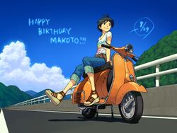  ahoge bad_id bad_pixiv_id cloud dated day denim female happy_birthday hill idolmaster idolmaster_(classic) jeans kikuchi_makoto motor_vehicle om_(carbohydratism) on_scooter pants road sandals scooter short_hair sky solo traffic_barrier vespa 