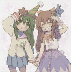  2girls blonde_hair chains clannad closed_eyes commentary_request crossover green_hair hat hikarizaka_private_high_school_uniform holding_hands horns ibuki_fuuko ibuki_suika long_hair md5_mismatch multiple_girls name_connection oto pantyhose party_hat photoshop_(medium) school_uniform short_hair smile star_(symbol) touhou yellow_eyes 