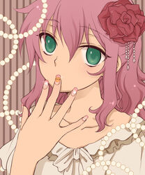  blouse feldt_grace female fingernails flower gem green_eyes gundam gundam_00 hair_flower hair_ornament hands haro jewelry nail_art nail_polish pearl_(gemstone) pink_hair pink_nails plum_(arch) ponytail rose shirt solo star_(symbol) takagaki_ayahi upper_body voice_actor_connection 