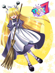  apron blonde_hair broom collar commentary_request copyright_name dress elbow_gloves female floating gloves hair_over_eyes kuga_(rinkane) logo long_hair maid maid_headdress pantyhose photoshop_(medium) purple_dress robot_ears solo tesse waku_waku_7 white_pantyhose yellow_background 