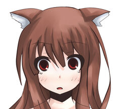  animal_ears bad_id bad_pixiv_id blush brown_hair female holo komaki long_hair portrait red_eyes solo spice_and_wolf tears wolf_ears wolf_girl 