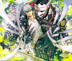  1boy bad_id bad_pixiv_id carrying glasses grey_hair izanagi_(persona_4) maguchimo male_focus narukami_yuu persona persona_4 school_uniform sword weapon 