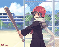  2006 :d baseball baseball_bat baseball_helmet bf._(sogogiching) black_hair black_shirt black_skirt blouse blue_sky building chain-link_fence cloud commentary_request copyright_request cowboy_shot day female fence from_side helmet holding holding_baseball_bat lamppost long_hair long_sleeves open_mouth outdoors outstretched_arms photoshop_(medium) plant pleated_skirt red_headwear scarf school school_uniform school_yard shade shirt skirt sky smile solo v_arms white_scarf 