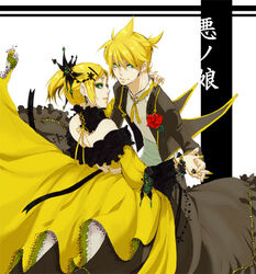  1boy aku_no_musume_(vocaloid) allen_avadonia bad_id bad_pixiv_id blonde_hair brother_and_sister crown dress evillious_nendaiki female flower green_eyes gucha_(netsu) hair_ribbon jewelry kagamine_len kagamine_rin ribbon riliane_lucifen_d&#039;autriche rose short_hair siblings smile twins vocaloid 