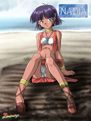  ankle_lace-up bad_id bad_pixiv_id bandeau choker cross-laced_footwear dark-skinned_female dark_skin earrings female fushigi_no_umi_no_nadia hair_ornament hairclip hoop_earrings jewelry nadia_la_arwall necklace panties pantyshot purple_hair sandals short_hair sitting solo strapless tube_top underwear vest white_panties zummy 