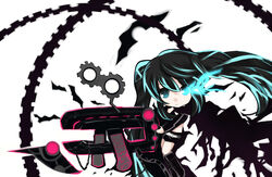  arm_cannon bad_id bad_pixiv_id belt bikini bikini_top_only black_hair black_rock_shooter black_rock_shooter_(character) blue_eyes boots chibi female flaming_eye flat_chest front-tie_top gears jacket knee_boots komaki long_hair midriff pale_skin short_shorts shorts smile solo swimsuit twintails uneven_twintails very_long_hair weapon 