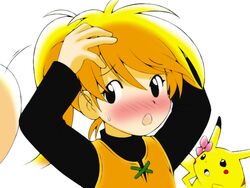  bad_id bad_pixiv_id black_eyes blonde_hair blush chuchu_(pokemon) embarrassed female flower hair_flower hair_ornament pikachu pokemon pokemon_(creature) pokemon_adventures ponytail sweatdrop yagitori yellow_(pokemon) 