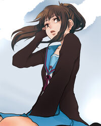  aturou0129 blue_sailor_collar blue_skirt brown_cardigan brown_eyes brown_hair cardigan cloud commentary_request female from_below genderswap_(mtf) kita_high_school_uniform kyonko long_hair long_sleeves looking_back open_cardigan open_clothes ponytail rule_63 sailor_collar school_uniform serafuku skirt sky solo suzumiya_haruhi_no_yuuutsu wind winter_uniform 