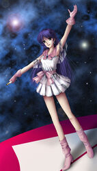  arm_up black_hair boots bow choujikuu_yousai_macross commentary_request earrings female gloves green_eyes highres jewelry kyon-kyon long_hair lynn_minmay macross photoshop_(medium) pink_bow pink_footwear pleated_skirt skirt smile solo standing white_skirt 