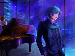  1boy bad_id bad_pixiv_id blue_eyes blue_hair blue_scarf brown_hair cityscape dress female formal grand_piano highres instrument kaito_(vocaloid) lipstick makeup meiko_(vocaloid) nail_polish necktie piano red_dress red_nails scarf short_hair suit vocaloid wii_hola 