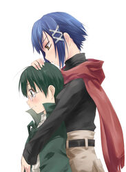  1boy aika_granzchesta albert_pitt aria_(manga) bad_id bad_pixiv_id blush casual female hug photoshop_(medium) scarf short_hair wander_(cordabyss) 