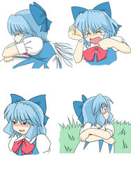  blue_eyes blue_hair blush bow cirno commentary_request crying crying_with_eyes_open e_saiba female hairbow photoshop_(medium) short_hair tears touhou wings 