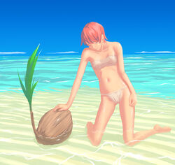  bad_id bad_pixiv_id bandeau barefoot beach bikini breasts closed_eyes coconut collarbone day female flash_tomo kneeling kneeling_on_liquid long_legs navel ocean original outdoors painttool_sai_(medium) pink_hair shallow_water short_hair small_breasts smile solo strapless strapless_bikini swimsuit water 