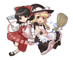  2girls ariori_haberi bad_id bad_pixiv_id black_hair blonde_hair braid broom chibi danmaku detached_sleeves gohei hakurei_reimu hat kirisame_marisa mini-hakkero multiple_girls ofuda short_hair touhou witch_hat yellow_eyes 