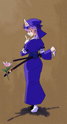  commentary_request female flower hat kansuke_(bubuduke) katana looking_back photoshop_(medium) pink_hair red_eyes saigyouji_yuyuko short_hair solo sword touhou weapon 