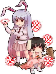  2girls animal_ears ariori_haberi bad_id bad_pixiv_id black_hair carrot danmaku finger_gun hammer inaba_tewi jewelry long_hair multiple_girls necktie pendant purple_hair rabbit_ears red_eyes reisen_udongein_inaba short_hair socks touhou 