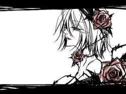  commentary_request female flower iroha_uta_(vocaloid) kagamine_rin letterboxed lipstick makeup monochrome red_eyes red_flower red_rose rose shiinoyuko short_hair simple_background solo spot_color thorns vocaloid 