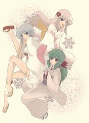  3girls blue_eyes blue_hair commentary_request dororon_enma-kun enma-kun full_body green_hair japanese_clothes jigoku_sensei_nube kimono long_hair looking_at_viewer multiple_girls obi okobo pink_hair purple_eyes red_eyes sandals sash short_kimono watari_yamato white_kimono yu_yu_hakusho yukiko_hime yukime_(jigoku_sensei_nube) yukina_(yu_yu_hakusho) zouri 