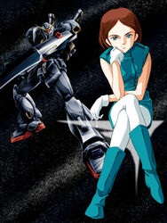  bad_id bad_pixiv_id blue_eyes bob_cut brown_hair crossed_legs emma_sheen female gloves gundam gundam_mk_ii mecha pantyhose robot short_hair sitting solo space white_gloves white_pantyhose zeta_gundam zummy 