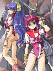  2girls amano_kazumi ass bad_id bad_pixiv_id blue_eyes blue_hair bow brown_eyes gunbuster hair_ribbon leotard lipstick long_hair makeup mecha multiple_girls pink_hair pink_leotard ponytail ribbon robot short_hair smile super_robot takaya_noriko top_wo_nerae! very_long_hair wristband yellow_bow zummy 