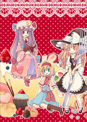  3girls alice_margatroid blonde_hair blue_eyes book braid commentary_request crescent crescent_hat_ornament cupcake food fork fruit hairband hat hat_ornament in_food kirisame_marisa long_hair mini_person minigirl multiple_girls patchouli_knowledge purple_eyes purple_hair short_hair siva strawberry touhou witch_hat yellow_eyes 