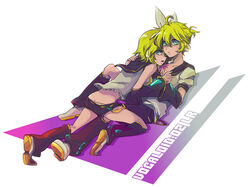  1boy ahoge aqua_eyes blonde_hair brother_and_sister butt_crack commentary_request cowgirl_position female hair_ribbon headphones holding_hands incest interlocked_fingers kagamine_len kagamine_rin lying mattie migikata_no_chou_(vocaloid) on_back ribbon shorts siblings straight twincest twins vocaloid 