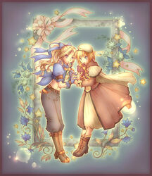  2girls anastacia_(bahamut_lagoon) bahamut_lagoon belt black_pants blonde_hair blue_bow blue_eyes blue_ribbon boots bow brigadewing brown_dress brown_footwear cape commentary_request cross-laced_footwear dress ecatrina flower grey_background hair_ribbon hairbow hat holding_hands interlocked_fingers knee_boots long_hair long_sleeves midriff multiple_girls navel pants ponytail ribbon shirt short_sleeves standing star_(symbol) tied_shirt valentine white_cape white_hat 