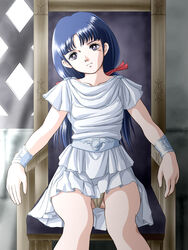  ancient_greek_clothes arion bad_id bad_pixiv_id blue_hair bracelet chiton dress female frown greco-roman_clothes hair_ribbon jewelry looking_at_viewer panties pantyshot purple_eyes resphoina ribbon serious sitting solo sunlight throne twintails underwear zummy 