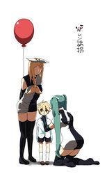  1boy 2girls aged_up bad_id bad_pixiv_id balloon blonde_hair boots candy dress elbow_gloves food fujikami_(lilac) gloves green_hair hair_ornament hair_ribbon hairclip hatsune_miku hatsune_miku_(roshin_yuukai/nitamagomix) highres kagamine_len kagamine_rin kneeling lolicon lollipop long_hair multiple_girls parody ribbon roshin_yuukai_(vocaloid) sailor_dress shorts thigh_boots thighhighs time_paradox twintails vocaloid yellow_eyes 