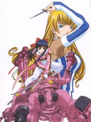  2girls absurdres artist_request blonde_hair blue_eyes blue_hair boots bow brown_eyes detached_sleeves earrings highres hoop_earrings jewelry katana knife koubu long_hair mecha multiple_girls official_art ponytail ratchet_altair red_bow robot sakura_taisen scan shinguuji_sakura smile striped sword weapon 