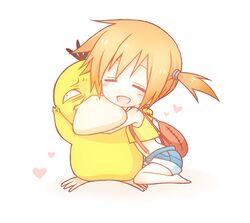  =_= backpack bag barefoot blush chibi commentary_request female heart hug kasumi_(pokemon) kuu_(0427) orange_hair pokemon pokemon_(anime) pokemon_(creature) psyduck short_hair side_ponytail simple_background smile suspenders 