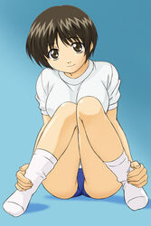  blue_buruma breasts brown_eyes brown_hair buruma copyright_request female gym_uniform large_breasts sawa_jaaji short_hair sitting smile socks solo 