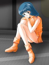  bad_id bad_pixiv_id blue_eyes blue_hair boots dress fa_yuiry female gloves gundam panties pantyshot short_dress short_hair sitting smile solo underwear zeta_gundam zummy 