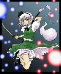  bad_id bad_pixiv_id black_hairband female ghost grey_hair hairband hitodama kana-p katana konpaku_youmu konpaku_youmu_(ghost) ribbon short_hair solo sword touhou weapon 