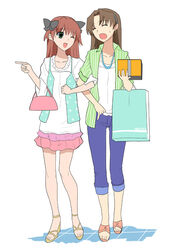  2girls amatsuka_haruka amatsuka_hikaru baby_princess bag bow box brown_hair casual closed_eyes feet green_eyes hairband hairbow handbag jewelry kusaka_souji legs locked_arms long_hair multiple_girls necklace one_eye_closed pink_hair pointing sandals skirt standing striped toes 