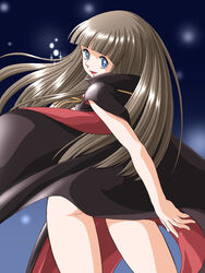  bad_id bad_pixiv_id blue_eyes blunt_bangs brown_hair cape etou_ranze female long_hair naked_cape nude smile solo sparkle super_love_lotion thighs tokimeki_tonight very_long_hair zummy 