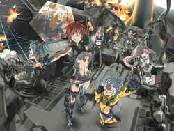  6+girls armored_boots baariya battle belt boots bra breasts commentary_request cyborg explosion fantasy fire flat_chest happy holographic_monitor lolicon machine medium_breasts monitor multiple_girls no_bra open_mouth original pantyhose science_fiction shorts skull_and_crossbones space spacecraft spacecraft_interior steering_wheel thighhighs underboob underwear uniform 