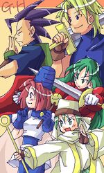  2girls 3boys armor artist_request blonde_hair blue_eyes cape closed_eyes fingerless_gloves ginjirou_ibushi gloves green_eyes green_hair guardian_heroes hat japanese_clothes knight long_hair lowres multiple_boys multiple_girls nicole_neil ninja oekaki profile randy_m_green samuel_han serena_corsair shield short_hair skirt smile source_request staff sword weapon 