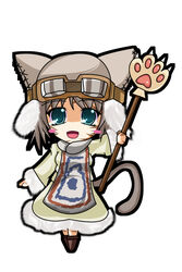  animal_hands animal_hat bad_id bad_pixiv_id cat_hat cat_tail chibi female goggles green_eyes grey_hair hat highres mafumofu_(armor) monster_hunter_(character) monster_hunter_(series) onsen_tamago_(nurumayu_onsen) original photoshop_(medium) solo staff tail 