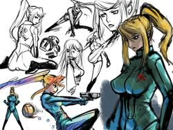  action artist_request blonde_hair bodysuit breasts female gun hair_down handgun holding holding_gun holding_weapon large_breasts looking_back metroid morph_ball paralyzer ponytail samus_aran varia_suit weapon zero_suit 